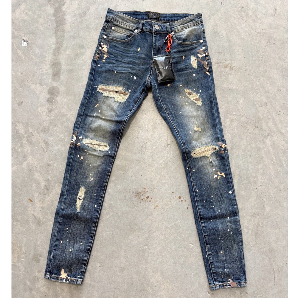 THRT Blue Denim Jeans Mens 30 Distressed Paint Splatter Repaired Slim Fit